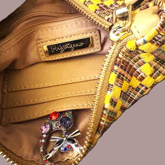 Colorful Miztique Cotton Woven Large Wristlet Tan Leather Straps Gold Hardware - Picture 3 of 8